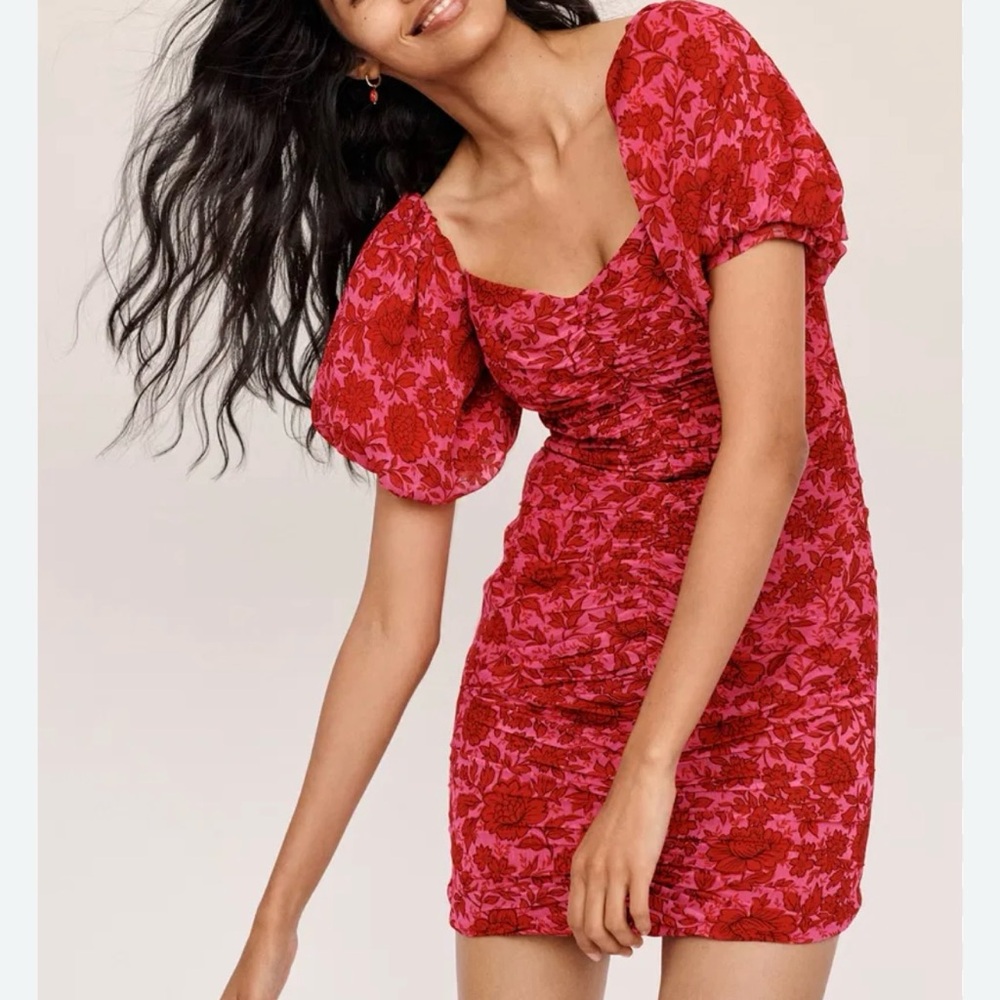 MANGO Floral Puff Sleeve Red Pink Mini Dress 4 Wedding Guest Party Spring Date